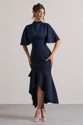 Navy High-Neck Flutter-Sleeve Asymmetric Maxi Dress